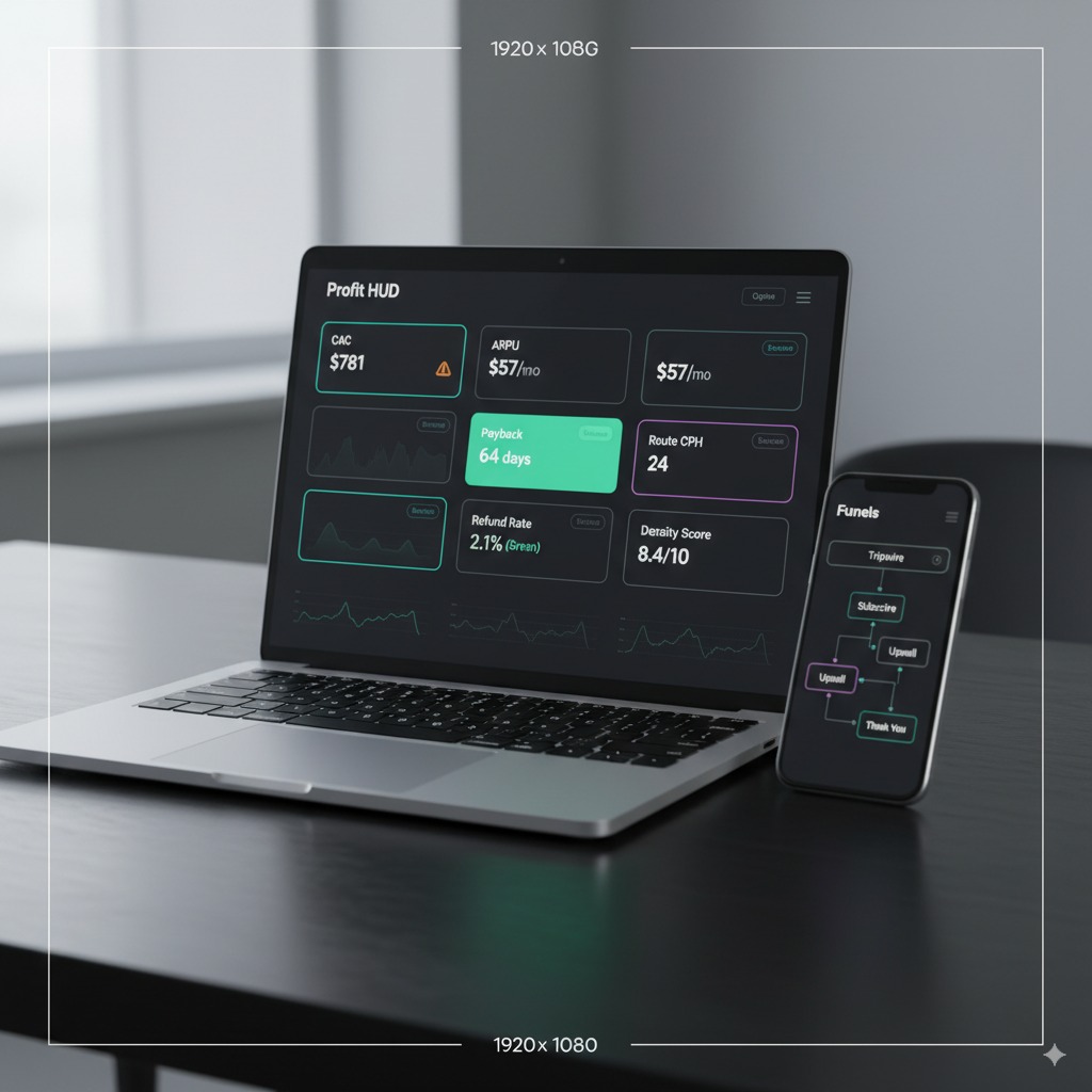 Laptop and phone showing Profit HUD and funnel builder